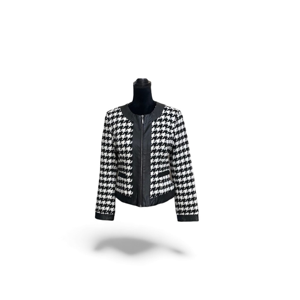 For Cynthia classic black & white houndstooth zipper front blazer jacket medium